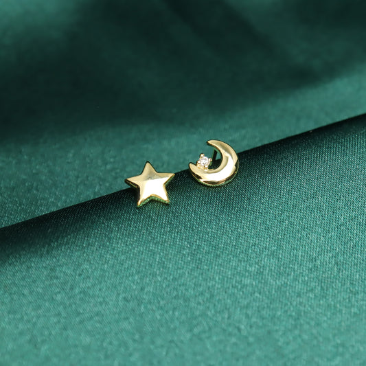 Star Loves Moon - S999 Sterling Silver & Zircon Stud Earrings (Color: Gold)