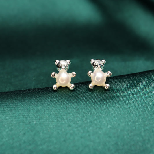 Teddy Bear S925 Sterling Silver Gold Plated with Faux Pearl Stud Earrings (Color: Silver)