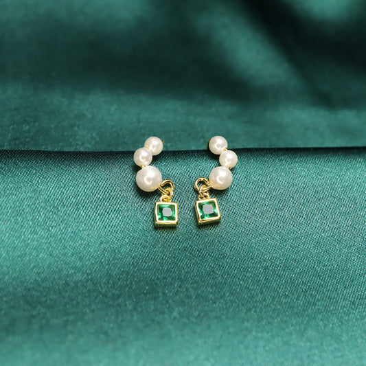 French Green Zircon S925 Sterling Silver & Pearl Stud Earrings (Color: Gold)