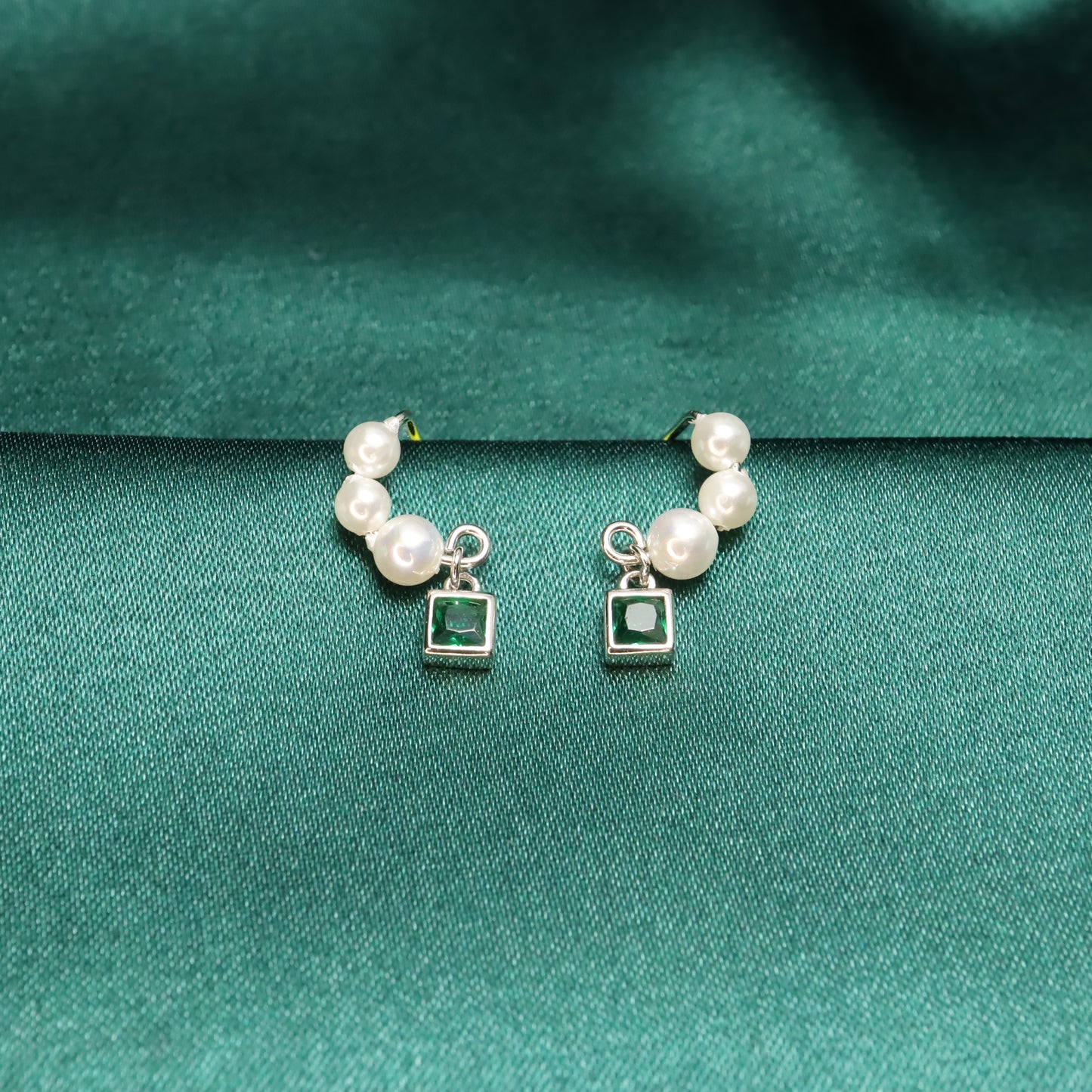 French Green Zircon S925 Sterling Silver & Pearl Stud Earrings (Color: Silver)