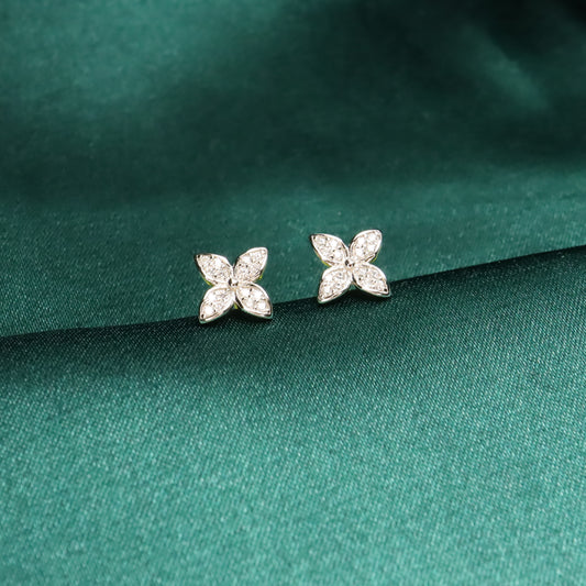 Four Petal Flower S925 Sterling Silver Stud Earrings (Color: Silver）