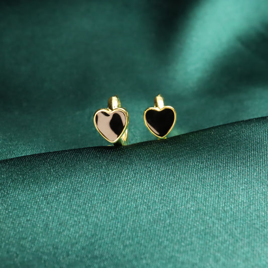 Black Heart S925 Sterling Silver Enamel Oil Drip Hoop Earrings (Color: Gold)