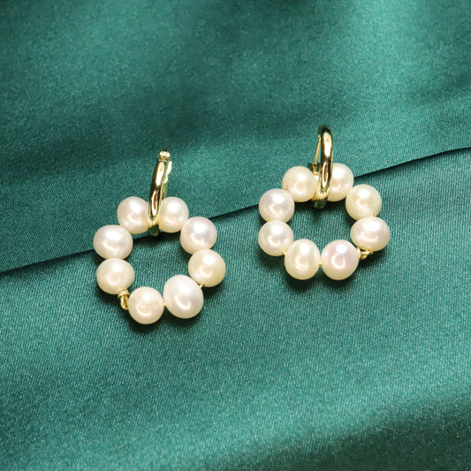 Elegance Pearl Wreath Drop S925 Sterling Silver Gold Plated Hoop Earrings