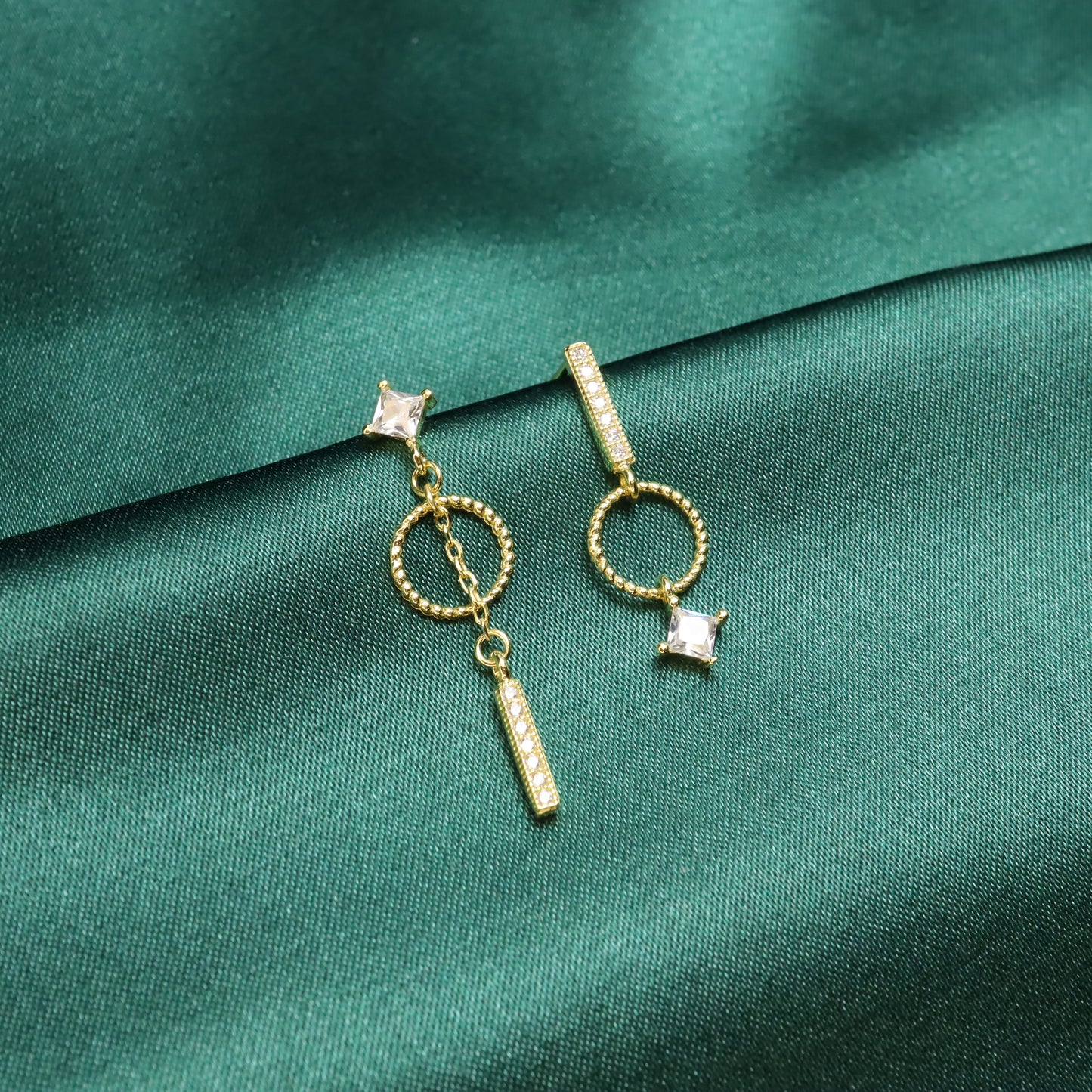 Arielle - Asymmetrical S925 Sterling Silver Gold Plated Hoop Zircon Drop Earrings (Color: Gold)