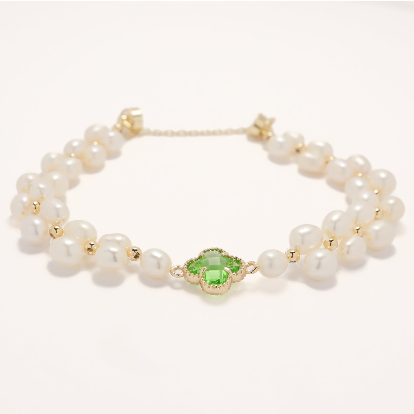 Four-Leaf Clover - Double Strand Freshwater Pearl Green Gemstone Bracelet