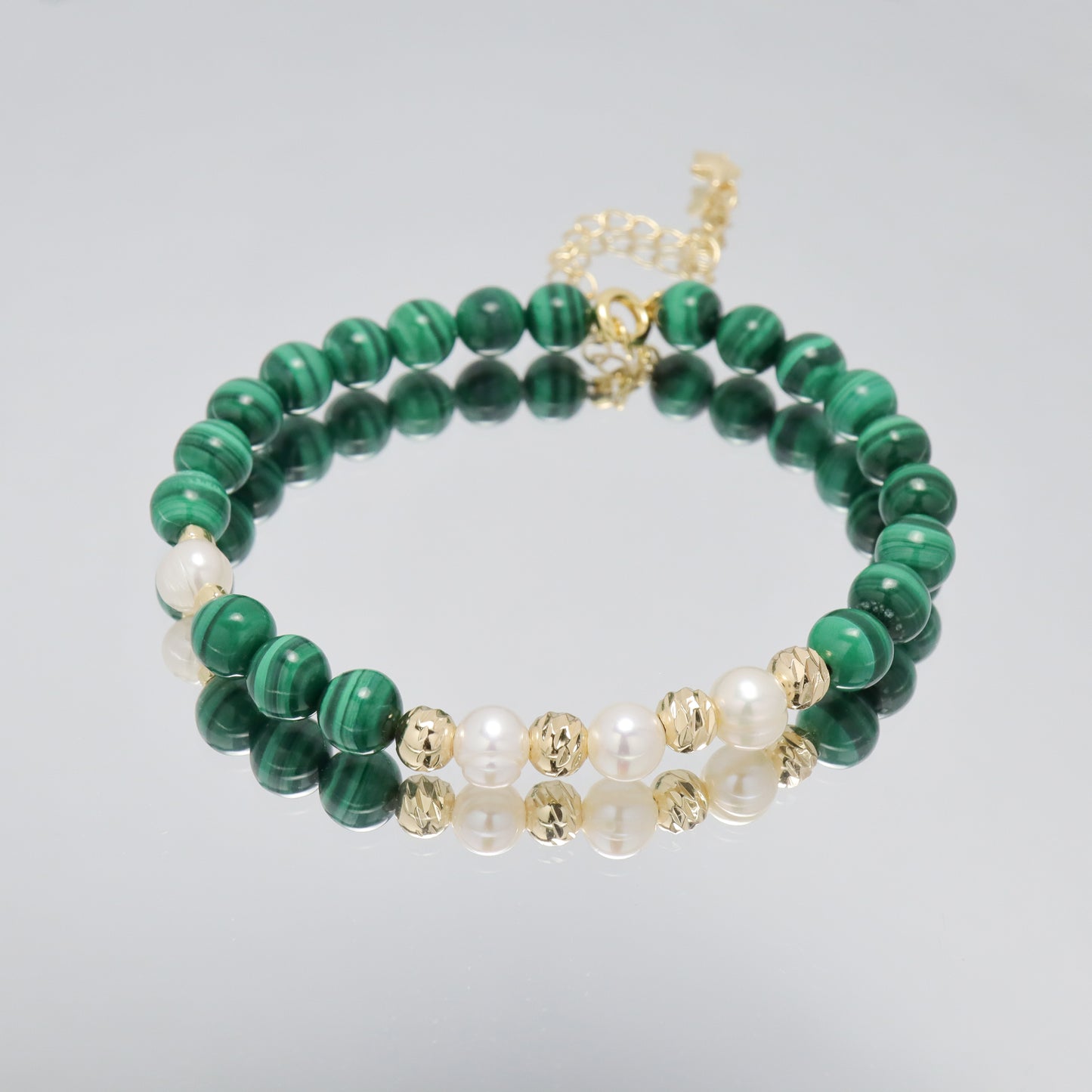 Peacock Pride -  Malachite & Freshwater Pearl Bracelet with Adjustable Chain