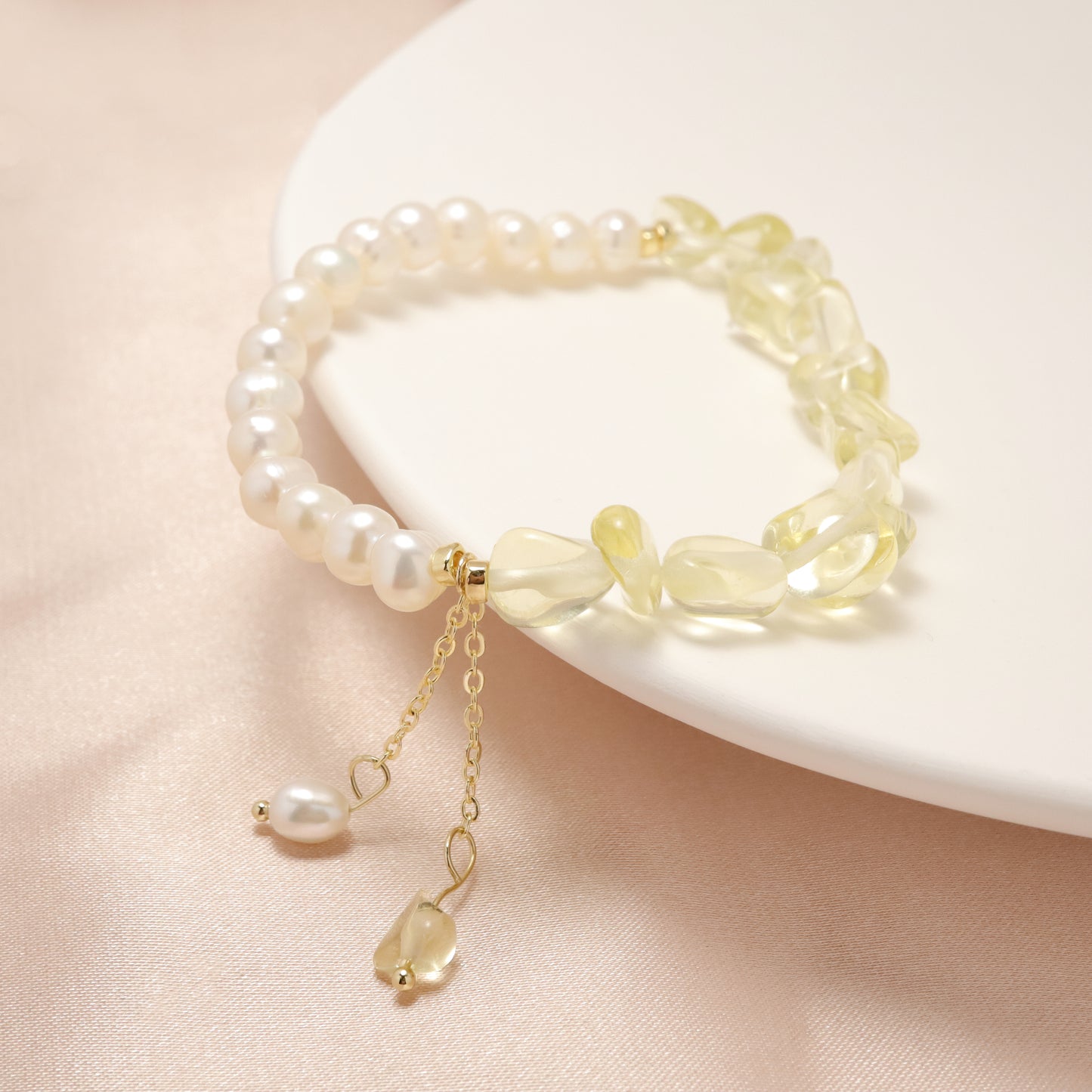Sunlight - Irregular Shape Lemon Quartz & Freshwater Pearl Bracelet