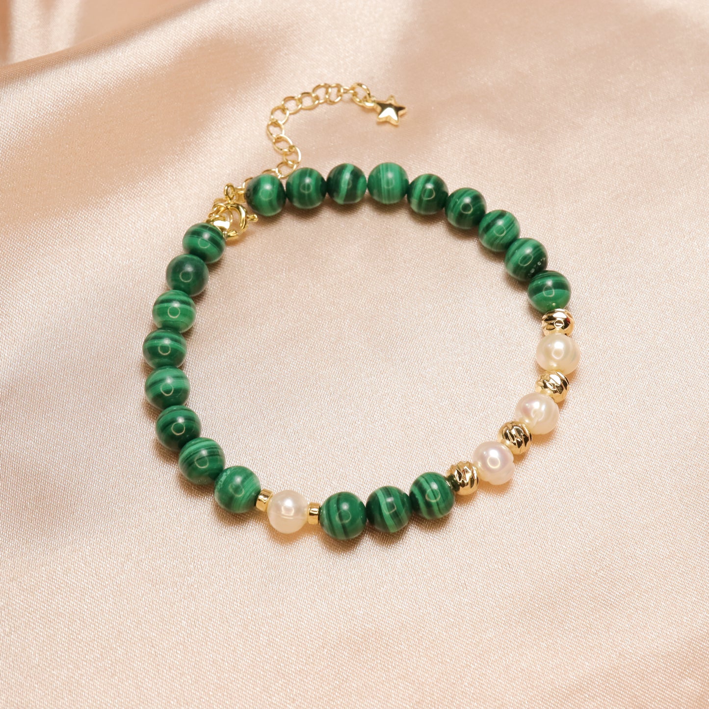 Peacock Pride -  Malachite & Freshwater Pearl Bracelet with Adjustable Chain