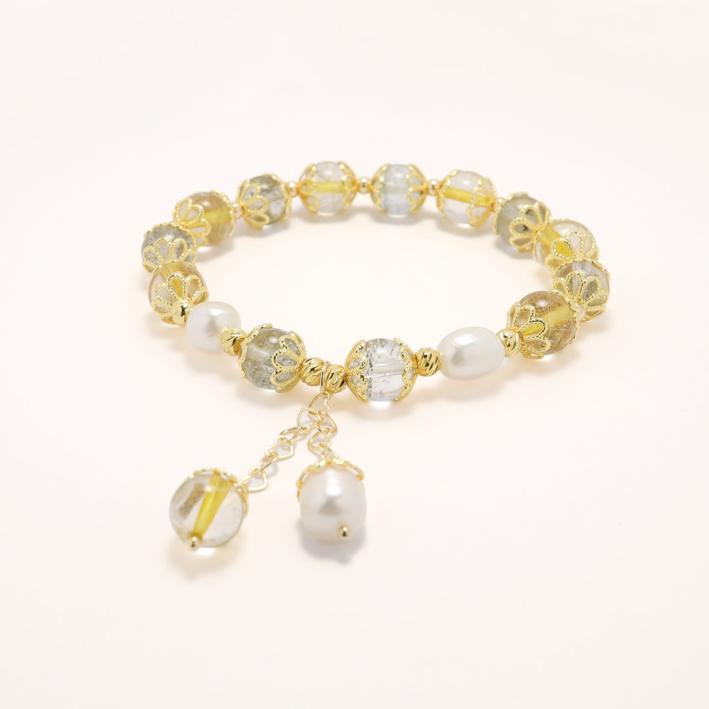 Golden Fortunes - Freshwater Pearl Green Phantom Quartz & Rutilated Quartz Crystal Bracelet