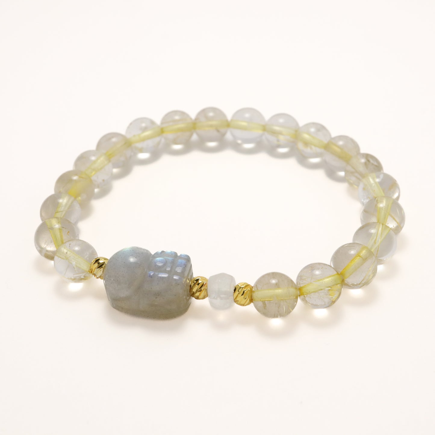 Gold Gobble - Pixiu Grey Moonstone & Rutilated Quartz Crystal Bracelet