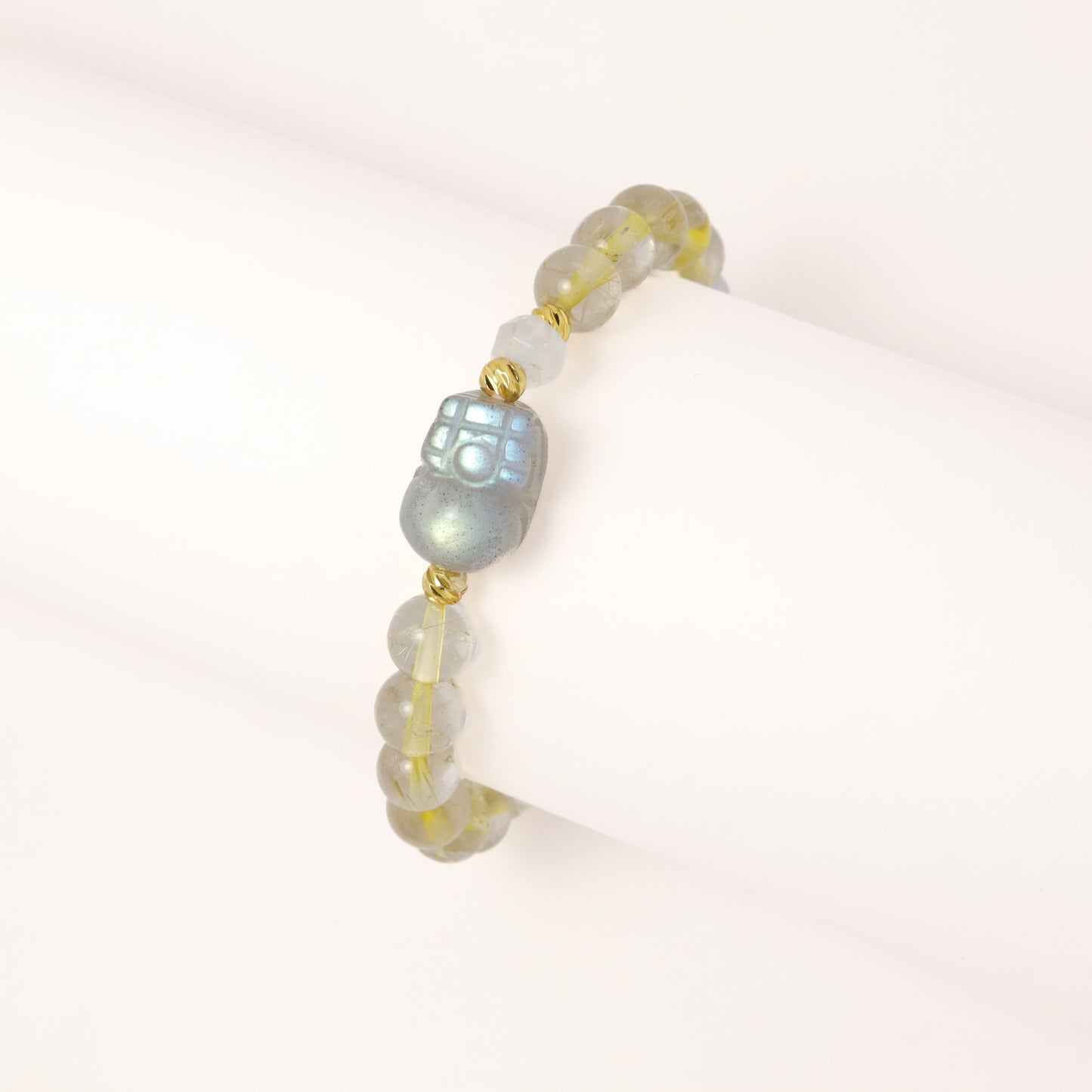 Gold Gobble - Pixiu Grey Moonstone & Rutilated Quartz Crystal Bracelet