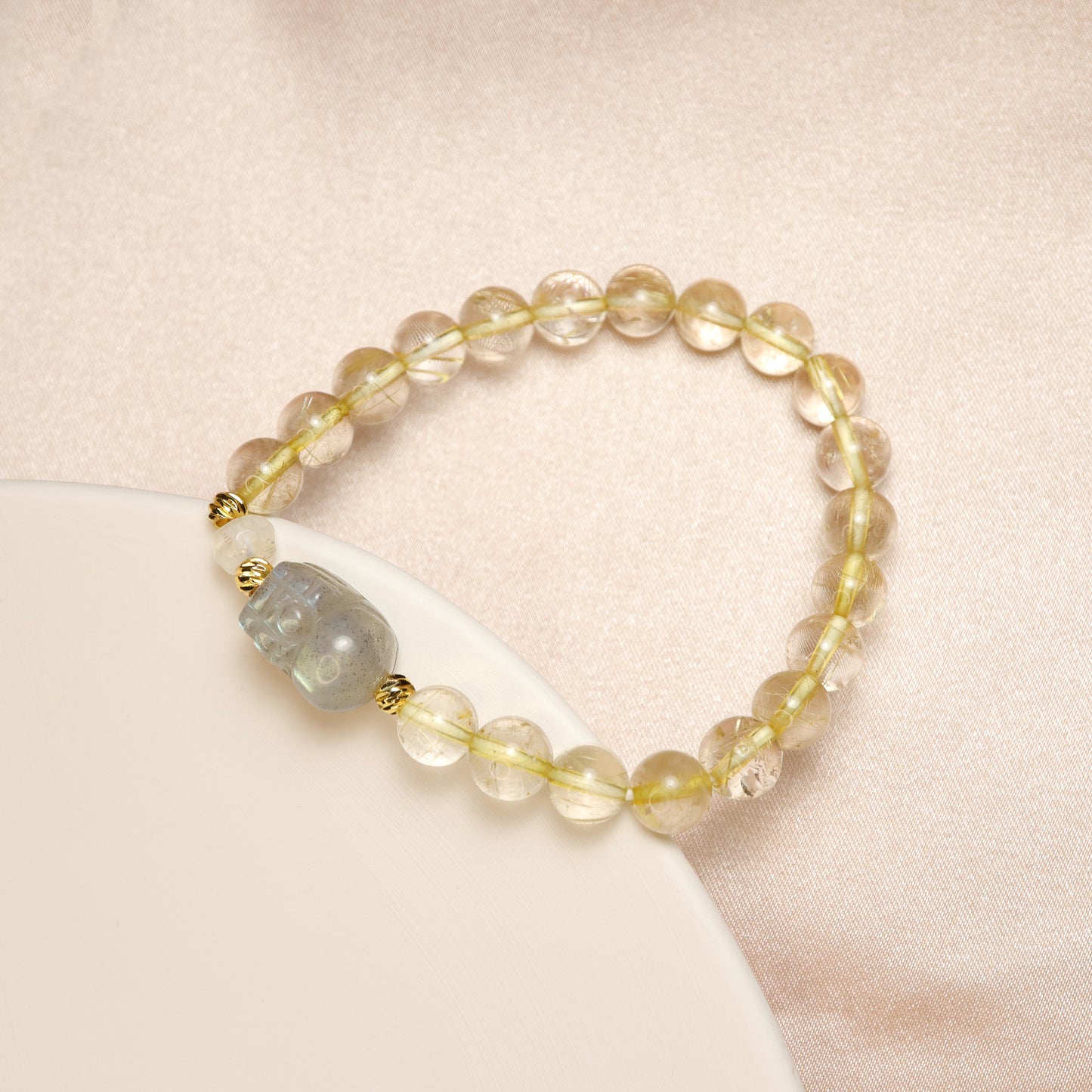 Gold Gobble - Pixiu Grey Moonstone & Rutilated Quartz Crystal Bracelet