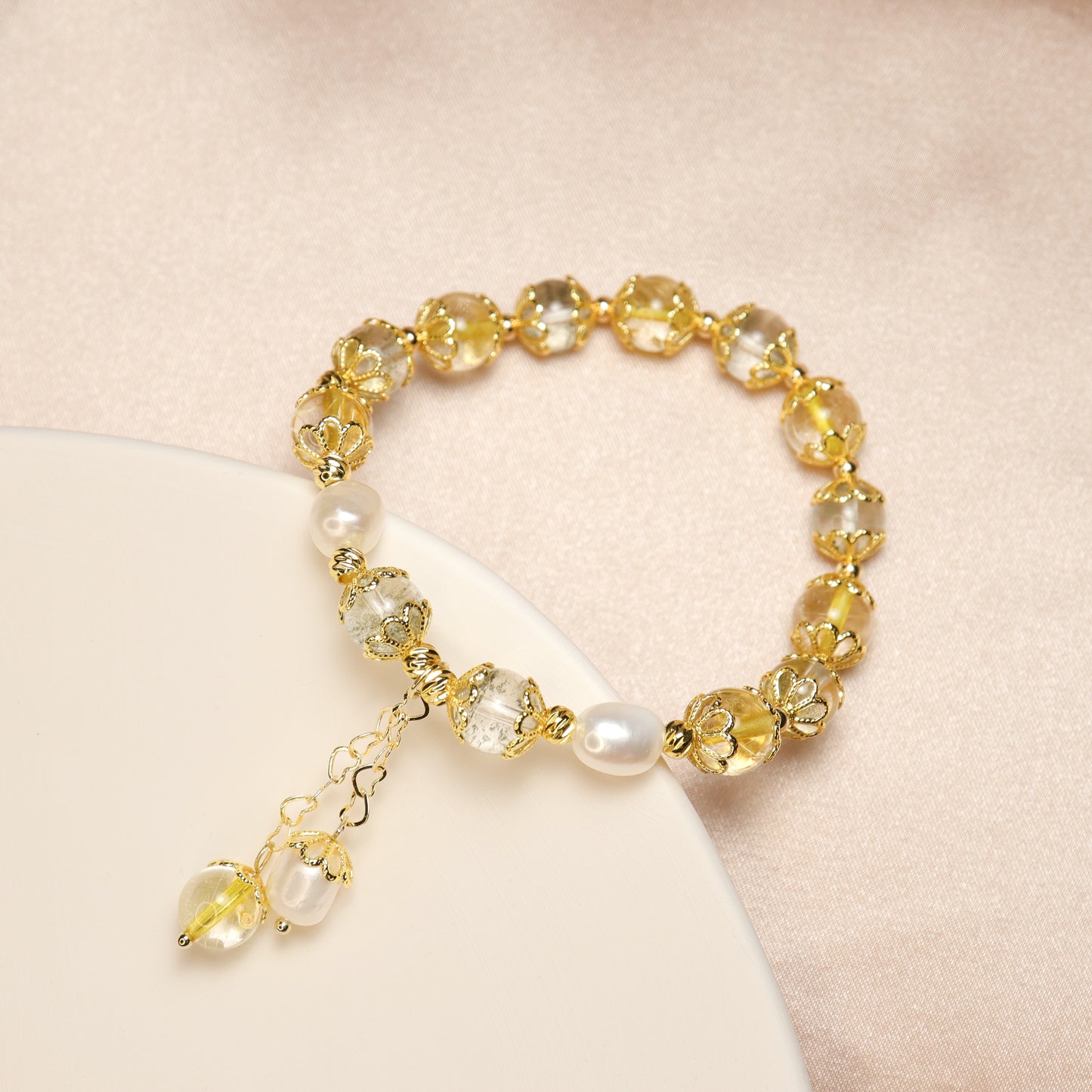Golden Fortunes - Freshwater Pearl Green Phantom Quartz & Rutilated Quartz Crystal Bracelet