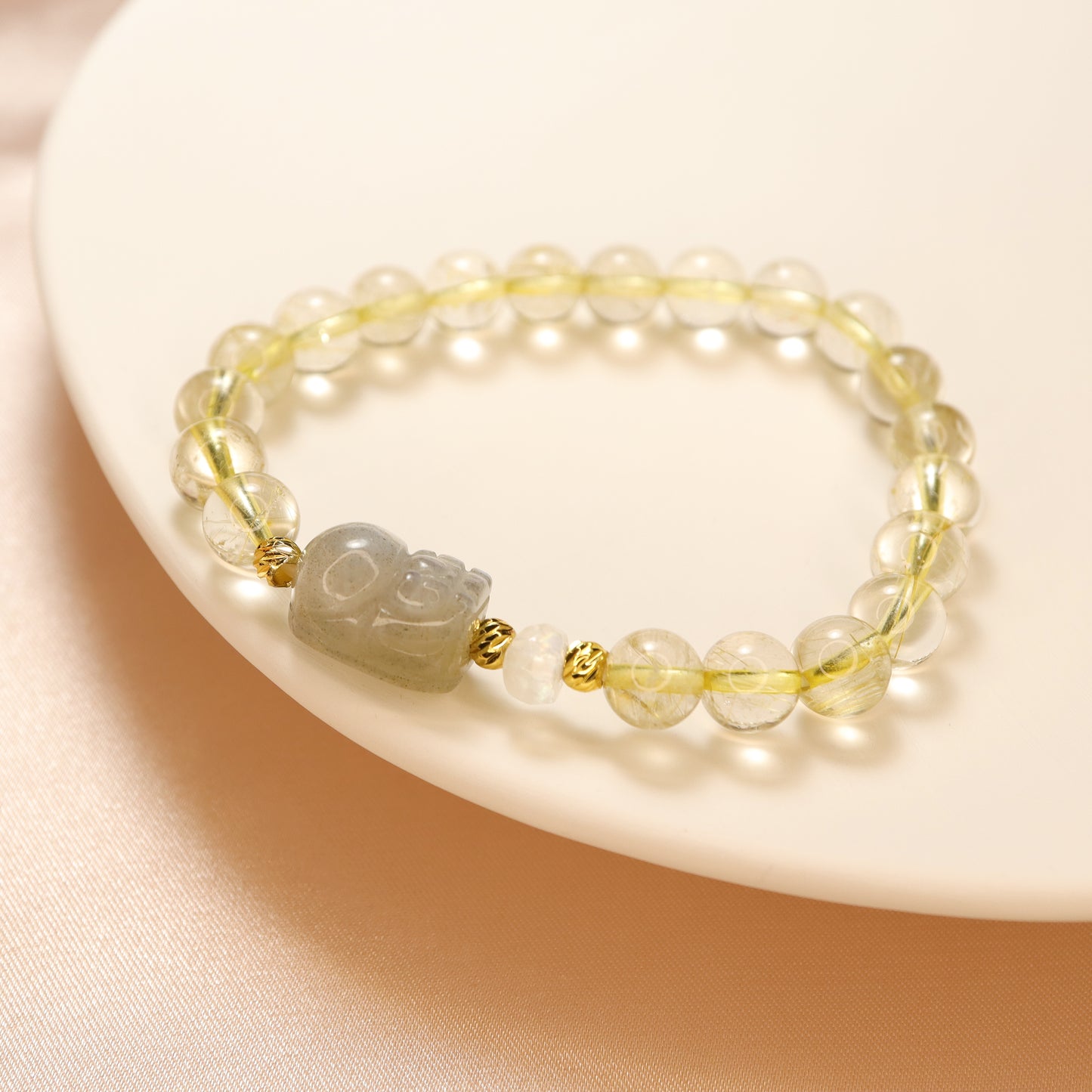 Gold Gobble - Pixiu Grey Moonstone & Rutilated Quartz Crystal Bracelet