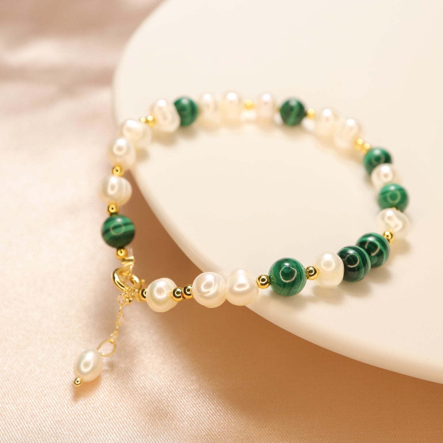 Peacock Prime -  Freshwater Pearl & Malachite Bracelet With Adjustable Chain