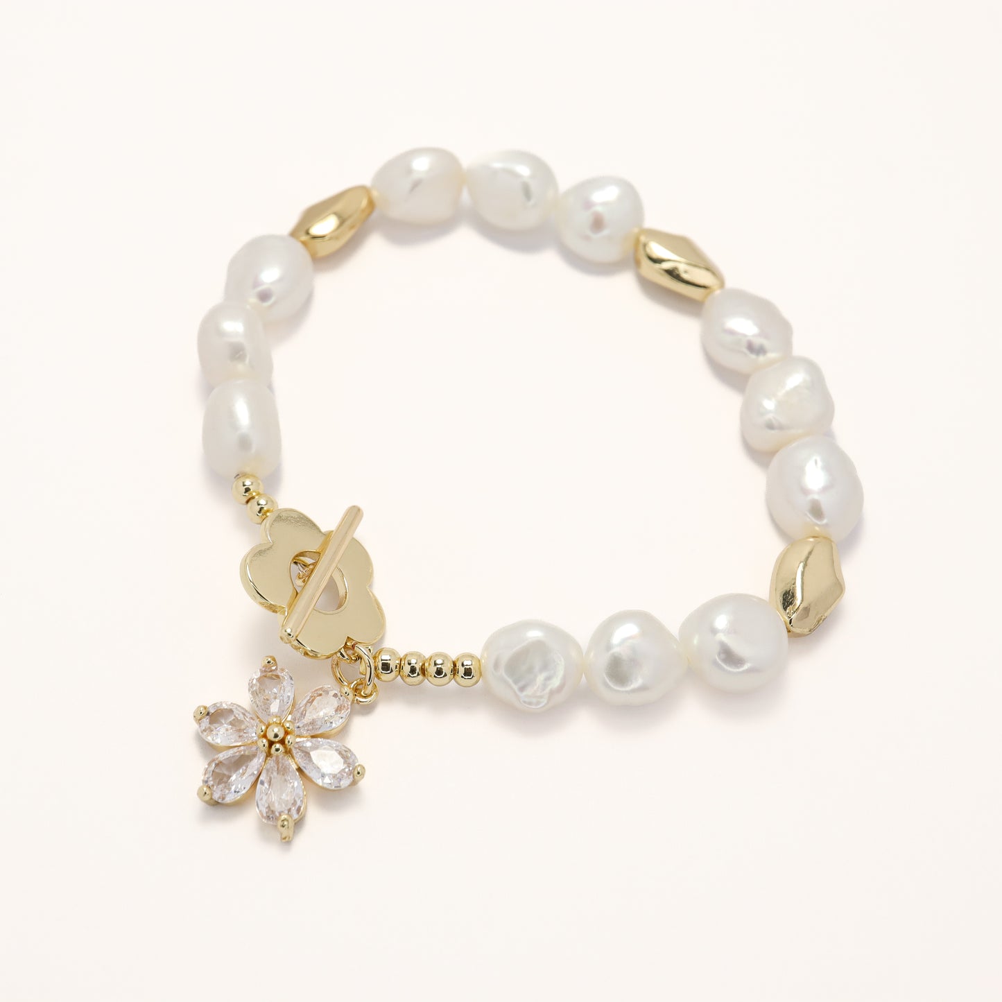 Five Diamond Flower - Baroque Freshwater Pearl Bracelet with OT Buckle
