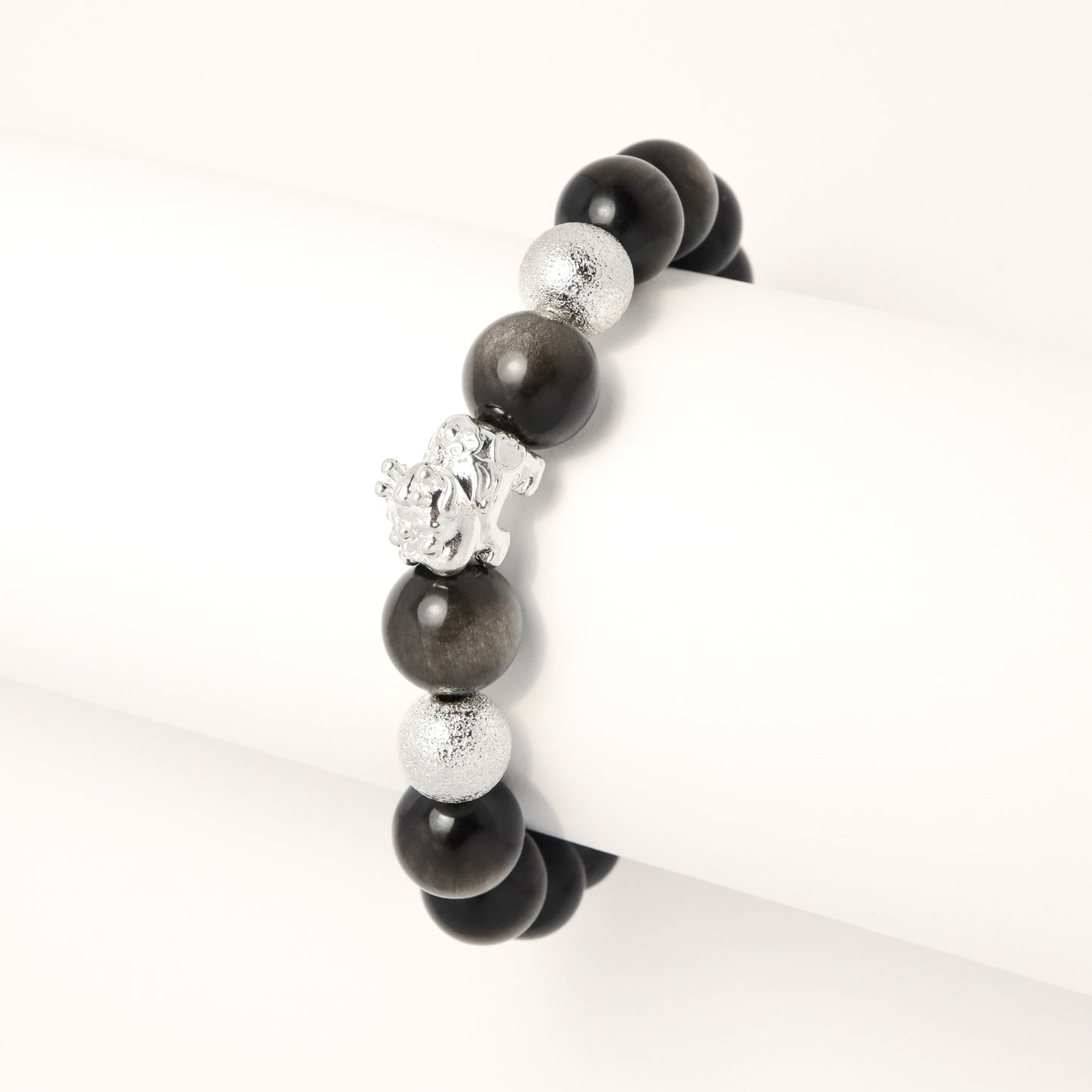 Silver Fortune - Silver Plated Pixiu & Silver Obsidian Bracelet