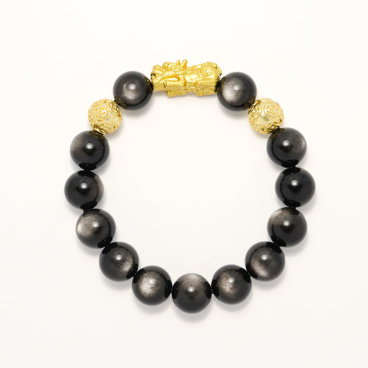 Gold Pixiu Fortune - High Grade Silver Obsidian Bracelet