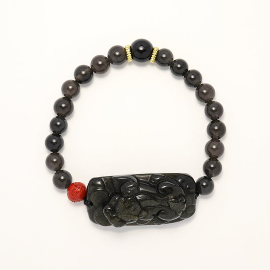 Wealth & Luck - Ice Black Obsidian & Golden Obsidian Pixiu Bracelet