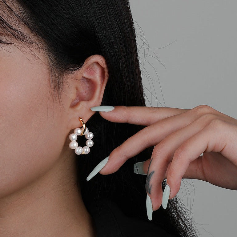 Elegance Pearl Wreath Drop S925 Sterling Silver Gold Plated Hoop Earrings
