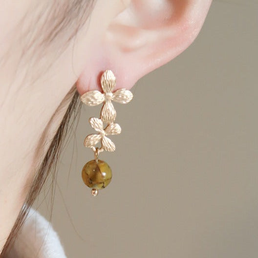 Gold Flower Amber Stud Drop Earrings