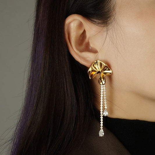 Modern 18K Gold Plated Flower Zircon Tassel Earrings