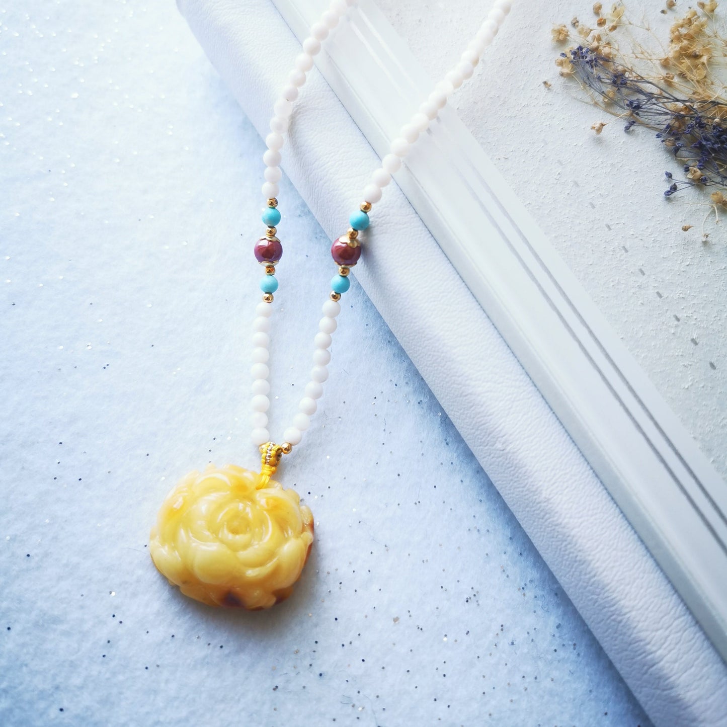 Yellow Flower Amber Necklace Gemstone Bead Chain